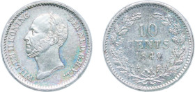 Netherlands Kingdom 1849 10 Cents - Willem II Silver (.640) Utrecht Mint 1.4g UNC KM 75