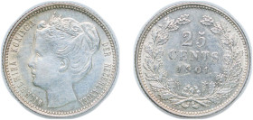 Netherlands Kingdom 1901 25 Cents - Wilhelmina Silver (.640) Utrecht Mint (1600000) 3.59g AU KM 120