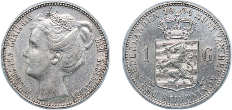 Netherlands Kingdom 1904 1 Gulden - Wilhelmina Silver (.945) Utrecht Mint (20000...