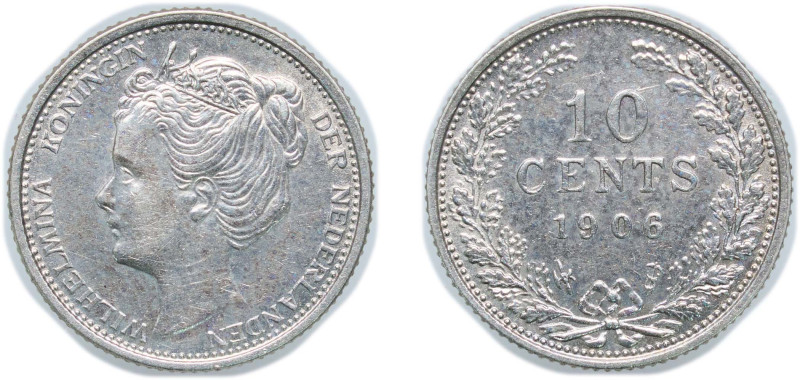 Netherlands Kingdom 1906 10 Cents - Wilhelmina Silver (.640) Utrecht Mint (40000...