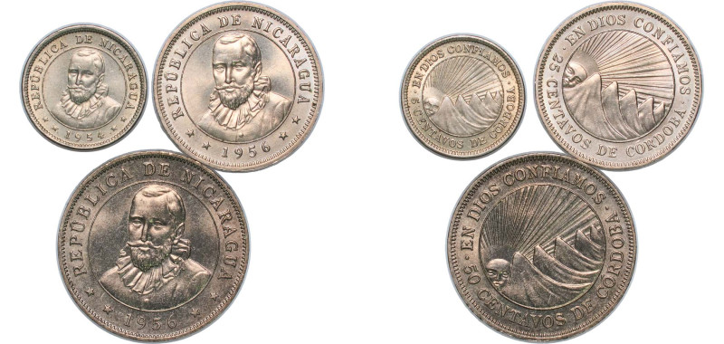 Nicaragua Republic 1954-1956 5, 25, 50 Centavos (3 Lots) Copper-nickel UNC