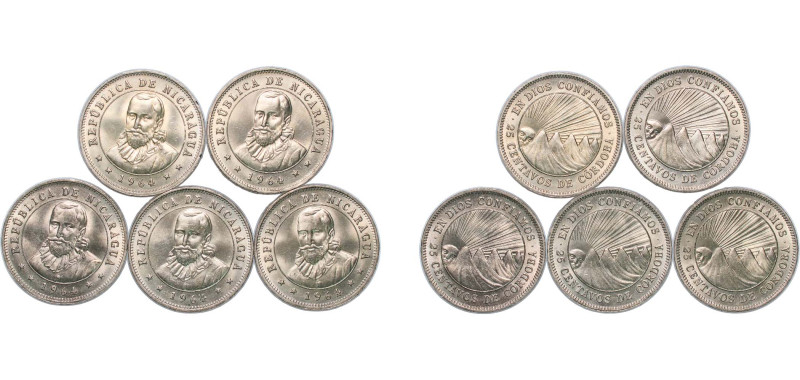 Nicaragua Republic 1964 25 Centavos (5 Lots) Copper-nickel Royal Mint (Tower Hil...