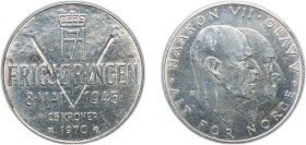 Norway Kingdom 1970 25 Kroner - Olav V (Liberation) Silver (.875) Kongsberg Mint (1203700) 29.21g AU KM 414 Schön 65
