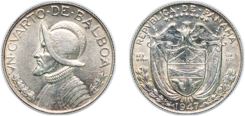 Panama Republic 1947 ¼ Balboa Silver (.900) Philadelphia Mint (700000) 6.2g AU K...