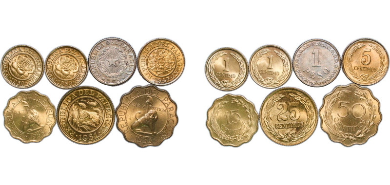 Paraguay Republic 1925-1953 1, 5, 15, 25, 50 Céntimos & 1 Peso (7 Lots) UNC