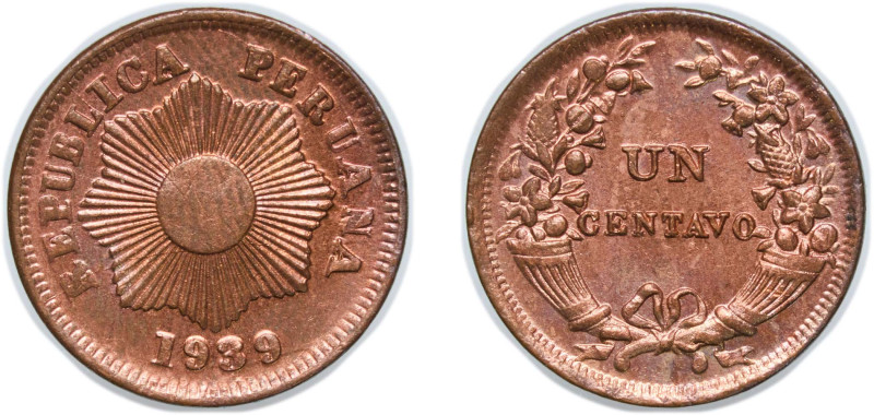 Peru Republic 1939 1 Centavo Bronze (1225000) 4.9g UNC KM 208