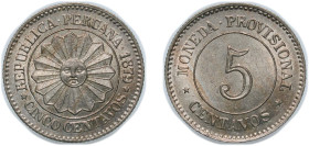Peru Republic 1879 5 Centavos Copper-nickel (12000000) 2.51g UNC KM 197