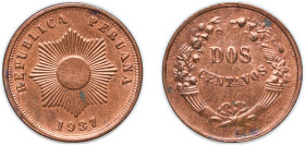 Peru Republic 1937 2 Centavos Copper (963000) 9.93g UNC KM 212
