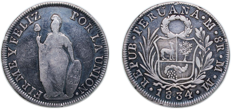 Peru Republic 1834 LIMAE MM 8 Reales Silver (.903) Lima Mint 27g VF KM 142