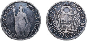 Peru Republic 1834 LIMAE MM 8 Reales Silver (.903) Lima Mint 27g VF KM 142