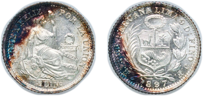 Peru Republic 1897 JF ½ Dinero Silver (.900) (320000) 1.26g UNC KM 206