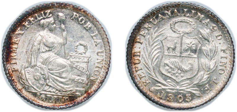 Peru Republic 1903 JF ½ Dinero Silver (.900) (1798000) 1.25g UNC KM 206