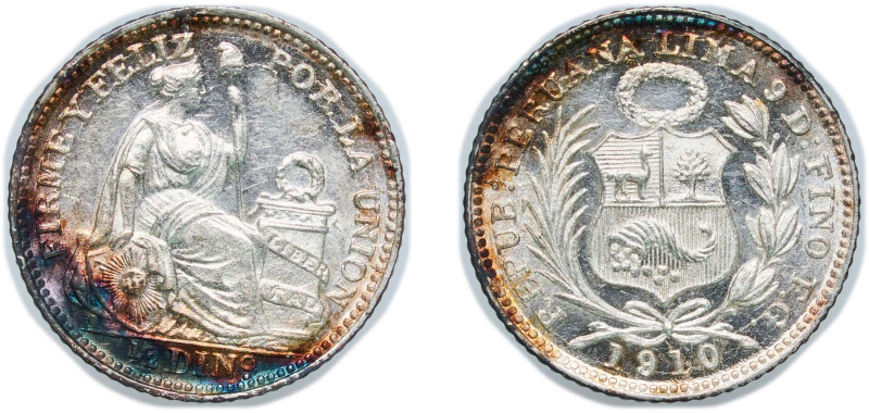 Peru Republic 1910 FG ½ Dinero Silver (.900) (640000) 1.25g UNC KM 206