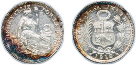 Peru Republic 1910 FG ½ Dinero Silver (.900) (640000) 1.25g UNC KM 206