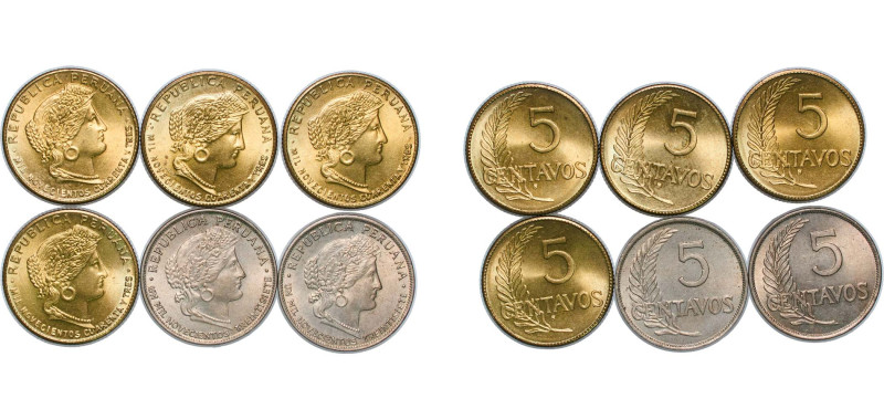 Peru Republic 1937-1943 5 Centavos (6 Lots) UNC