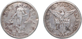 Philippines Insular Government 1909 S 1 Peso (Small type) Silver (.800) San Francisco Mint (7578000) 19.44g VF Damage KM 172 Schön 12