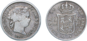 Philippines Spanish colony 1868 20 Centimos - Isabella II Silver (.900) Manila Mint (1126400) 5.05g VF KM 146
