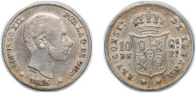 Philippines Spanish colony 1885 10 Centimos - Alfonso XII Silver (.835) Manila Mint (5624662) 2.55g VF Scratches KM 148