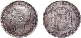 Philippines Spanish colony 1897 1 Peso - Alfonso XIII Silver (.900) (6000000) 24.92g VF KM 154
