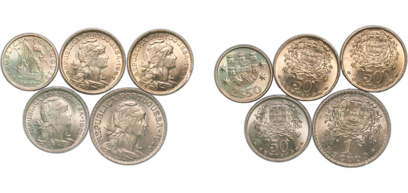 Portugal 1946-1972 50 Centavos & 1 , 2.5 Escudos (5 Lots) Nickel brass Lisbon Mi...