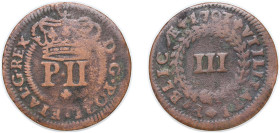 Portugal Kingdom 1703 3 Réis - Pedro II Copper Lisbon Mint 4.52g VF KM 166 Gomes P2 05, P2 06, P2 07, P2 08, P2 09, P2 10
