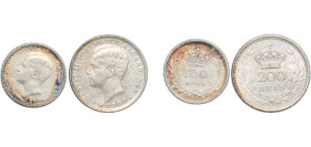 Portugal Kingdom 1909-1910 100 & 200 Réis - Manuel II (2 Lots) Silver (.835) Lisbon Mint AU