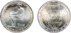 Portugal Second Republic 1953 20 Escudos (Financial Renewal) Silver (.835) Lisbon Mint (1000000) 20.95g UNC KM 585 Gomes R 49