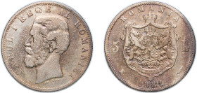 Romania Kingdom 1881 B 5 Lei - Carol I Silver (.900) Bucharest Mint (2200000) 24.65g VF KM 12 Dav ECT 272