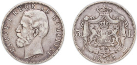 Romania Kingdom 1883 B 5 Lei - Carol I Silver (.900) Bucharest Mint (2300000) 24.67g VF KM 17 Dav ECT 274