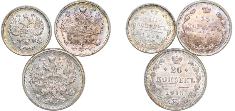 Russia Russian Empire 1914-1915 10, 15, 20 Kopecks - Nicholas II (3 Lots) Silver...