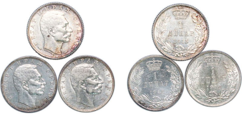 Serbia Kingdom 1912-1915 1 Dinar - Petar I (3 Lots) Silver (.835) AU KM 25