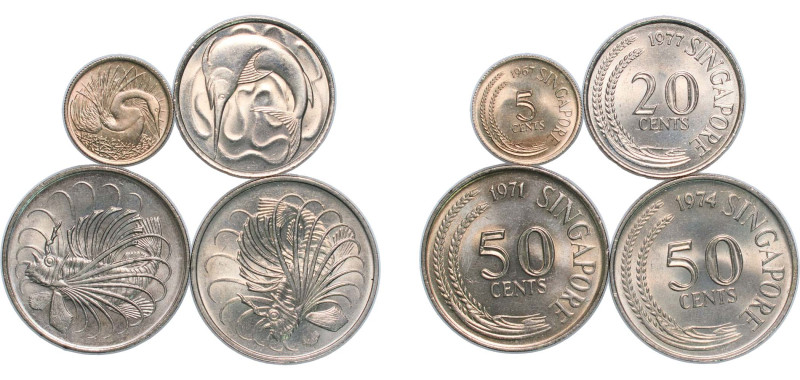 Singapore Republic 1967-1974 5, 20, 50 Cents (4 Lots) Copper-nickel UNC