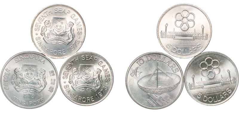 Singapore Republic 1973-978 5 Dollars (3 Lots) Silver (.500) UNC