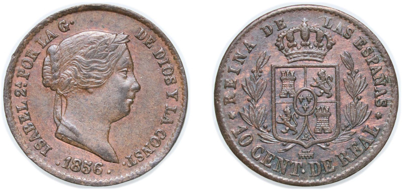 Spain Kingdom 1856 10 Centimos de Real - Isabel II Copper Segovia Mint 4g AU KM ...