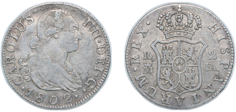 Spain Kingdom 1802 M FA 2 Reales - Carlos IV Silver (.806) Madrid Mint 6g XF KM ...