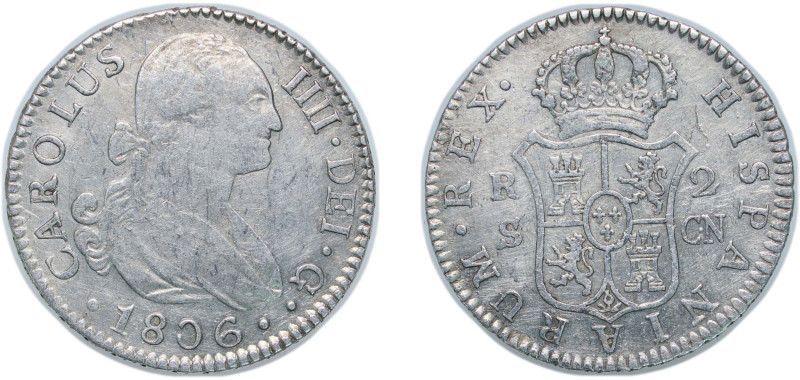 Spain Kingdom 1806 S CN 2 Reales - Carlos IV Silver (.806) Seville Mint 6g XF KM...