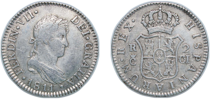 Spain Kingdom 1811 C CI 2 Reales - Fernando VII Silver (.812) Cádiz Mint 6.07g V...