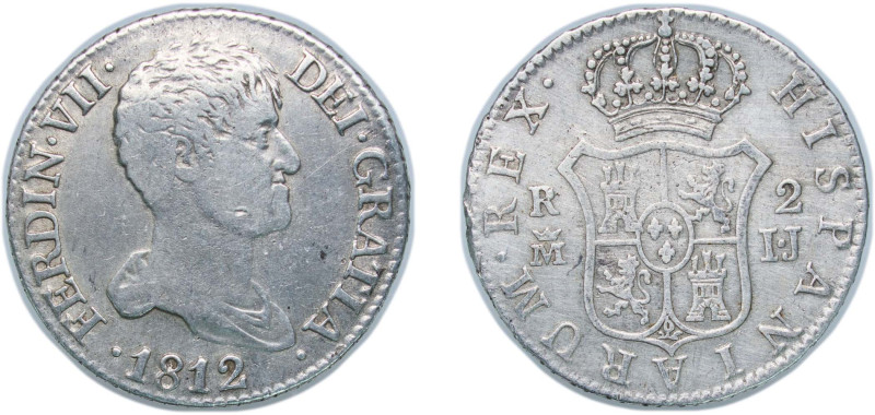 Spain Kingdom 1812 M IJ 2 Reales - Fernando VII Silver (.812) Madrid Mint 5.83g ...