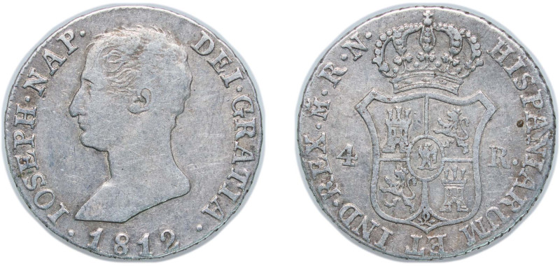 Spain Kingdom 1812 M RN 4 Reales - Jose I Bonaparte Silver (.812) Madrid Mint 5....