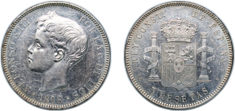 Spain Kingdom 1898 *18-98 SGV 5 Pesetas - Alfonso XIII (3rd portrait) Silver (.9...