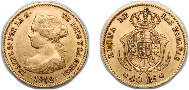 Spain Kingdom 1862 40 Reales - Isabel II Gold (.900) Madrid Mint 3.3g AU KM 616