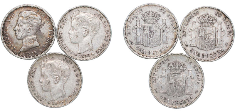 Spain Kingdom 1896-1903 1 Peseta - Alfonso XIII (3 Lots) Silver (.835) Madrid Mi...