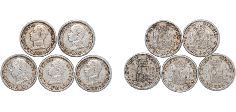 Spain Kingdom 1910 PCV 50 Centimos - Alfonso XIII (5 Lots) Silver (.835) Madrid ...