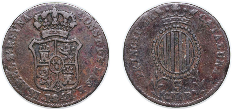 Spain Principality of Catalonia Spanish states 1841 3 Cuartos (3 CUAR) Copper Ba...