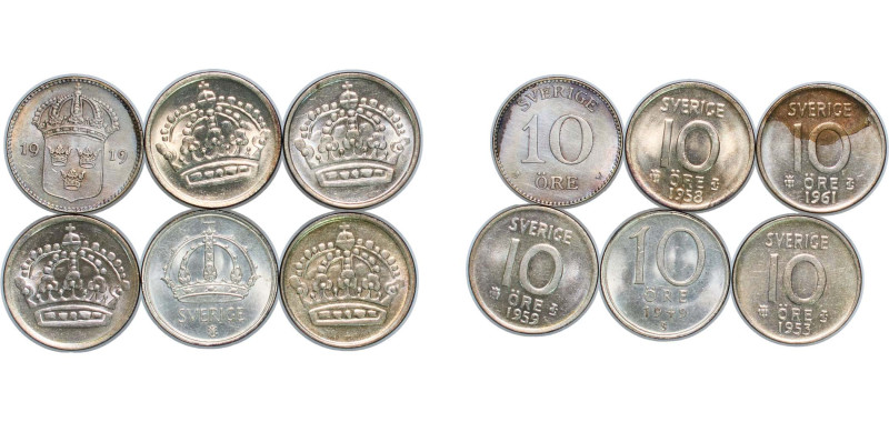 Sweden Kingdom 1919-1961 10 Öre (6 Lots) Silver (.400) UNC