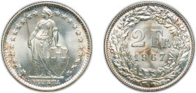 Switzerland Federal State 1967 B 2 Francs (Helvetia standing) Silver (.835) Bern Mint (4132000) 9.97g UNC HMZ 2 1202 Divo/Tob19 304 KM 21 Schön 29 Y 3...