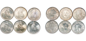 Switzerland Federal State 1943-1965 B 1 Franc (Helvetia standing, 6 Lots) Silver (.835) Bern Mint UNC HMZ 2 1204 Divo/Tob19 307 KM 24 Schön 28 Y 31