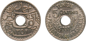 Tunisia French Protectorate AH 1352 (1933) 5 Centimes - Ahmad II Nickel brass Paris Mint (1000000) 1.98g UNC KM 258