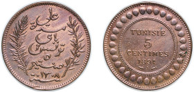 Tunisia French Protectorate AH 1308 (1891) A 5 Centimes - Ali III Bronze Paris Mint (4300000) 4.9g XF KM 221