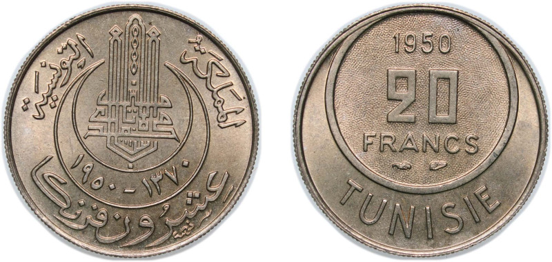 Tunisia French Protectorate AH 1370 (1950) 20 Francs - Muhammad VIII Copper-nick...